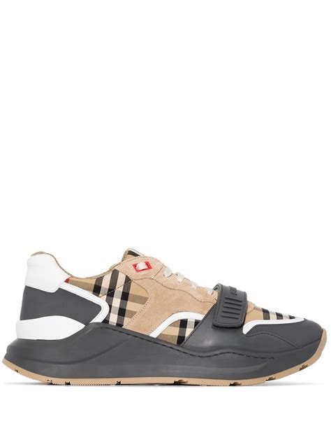 burberry logo detail leather and vintage check sneakers|burberry panelled low top sneakers.